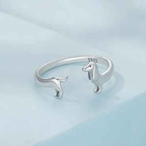 925 Sterling Silver Cute Dashuand‎ Dog Animal Open Adjustable Ring Gold Plated